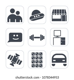 Premium fill icons set on white background . Such as grocery, cartoon, shop, flying, science, business, spacecraft, ufo, customer, food, person, alien, orbit, silhouette, dessert, gym, human, bar, car