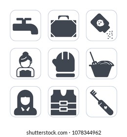 Premium fill icons set on white background . Such as food, couple, warm, face, groom, woman, bottle, powder, object, cold, style, crane, fashion, noodle, construction, chinese, accessory, safety, vest