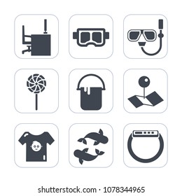 Premium fill icons set on white background . Such as notebook, seafood, snorkel, gadget, water, dessert, work, baby, pin, smart, office, desk, summer, interior, white, lolly, painter, computer, table