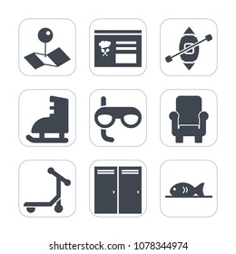 Premium fill icons set on white background . Such as home, place, snorkel, pin, winter, ship, yacht, menu, location, button, scooter, door, delivery, map, pointer, ride, transport, mask, vacation, sea