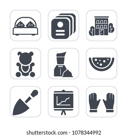 Premium fill icons set on white background . Such as food, glove, fun, furniture, childhood, animal, tool, dinner, concept, building, bedroom, bed, city, document, house, plate, construction, interior