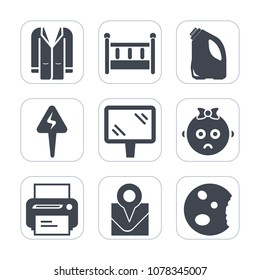 Premium fill icons set on white background . Such as travel, equipment, nursery, food, fashion, doughnut, garbage, sad, young, clothing, style, location, sign, cute, can, white, kid, map, woman, home