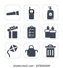Premium fill icons set on white background . Such as flashlight, celebration, kite, soap, gift, bulb, mobile, mark, present, check, technology, decoration, child, holiday, apron, checklist, box, light