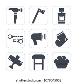 Premium fill icons set on white background . Such as machine, spanner, communication, xray, cake, plane, speaker, dessert, winter, hammer, megaphone, drill, equipment, collection, aircraft, tool, work