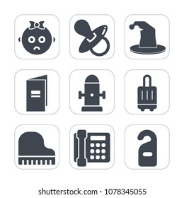 Premium fill icons set on white background . Such as pacifier, phone, hotel, fun, brochure, face, fire, business, motel, label, sad, child, magician, circus, travel, paper, entertainment, airport, hat