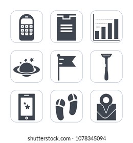 Premium fill icons set on white background . Such as location, razor, blue, global, call, white, package, shipping, box, space, nature, technology, astronomy, travel, national, america, graph, sign