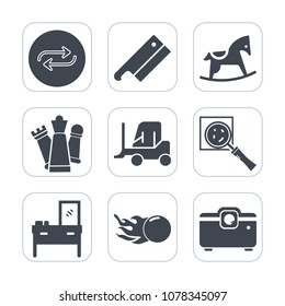 Premium fill icons set on white background . Such as astronomy, wood, people, play, king, home, change, car, steel, delivery, chess, transport, substitute, comet, axe, find, game, replace, cargo, toy