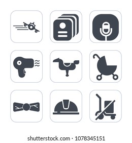 Premium fill icons set on white background . Such as transport, elegance, bow, tie, microphone, horse, aircraft, work, transportation, plane, dryer, hat, child, id, identification, radio, airplane