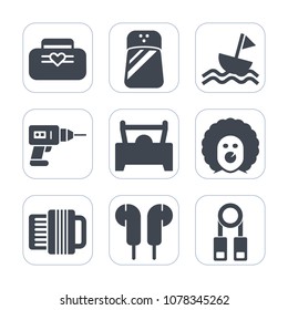 Premium fill icons set on white background . Such as cooking, yacht, leather, modern, car, training, black, ingredient, salt, person, equipment, work, clown, presentation, white, accessory, ship, boat