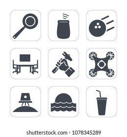 Premium fill icons set on white background . Such as industry, dinner, spaceship, music, white, pan, camera, exploration, kitchen, helmet, sunset, foreman, business, instrument, utensil, pin, drum