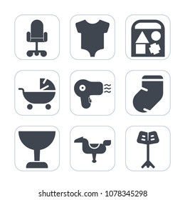 Premium fill icons set on white background . Such as horse, barber, baby, teddy, business, mother, dryer, kid, bear, clothing, small, happy, furniture, car, warm, newborn, orchestra, musical, family