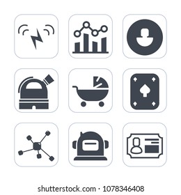 Premium fill icons set on white background . Such as play, profile, finance, baby, pram, avatar, ecology, sign, atom, technology, solar, environment, user, kid, poker, energy, astronomy, telescope, id