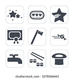 Premium fill icons set on white background . Such as night, wrench, universe, crane, hammer, dentistry, salmon, fish, care, departure, diploma, mouth, tooth, sky, spanner, certificate, plane, dentist