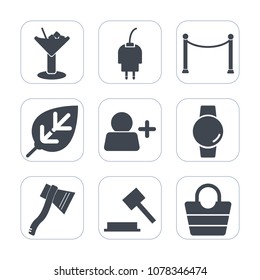 Premium fill icons set on white background . Such as judge, tree, sign, tool, fashion, phone, party, account, cable, gadget, nature, justice, leather, mobile, battery, object, smart, bar, charger, bag
