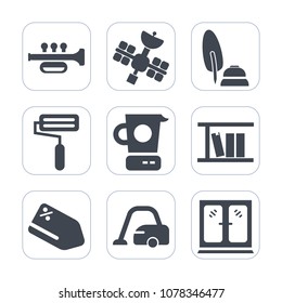 Premium fill icons set on white background . Such as fountain, cooking, communication, home, calligraphy, roll, wireless, pen, satellite, paper, library, black, vacuum, trumpet, object, food, kitchen