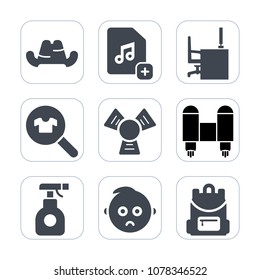 Premium fill icons set on white background . Such as technology, desk, craft, music, backpack, cute, chemical, work, file, cold, baby, office, object, space, fashion, clothes, equipment, cooler, hat