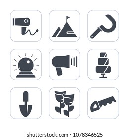 Premium fill icons set on white background . Such as doughnut, farming, care, sickle, mountain, flower, harvesting, megaphone, hairstyle, blow, dessert, communication, rock, loudspeaker, tool, salon