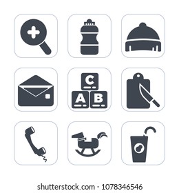 Premium fill icons set on white background . Such as mail, head, fruit, message, soda, restaurant, object, communication, hat, horse, clothing, envelope, cutlery, container, headwear, juice, baby, cap