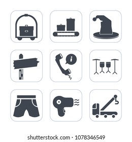 Premium fill icons set on white background . Such as circus, business, center, road, suitcase, headset, hotel, template, vehicle, direction, hat, truck, phone, contact, shorts, service, luggage, dryer
