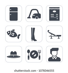 Premium fill icons set on white background . Such as fork, fish, man, menu, seat, fashion, sea, footwear, west, house, white, hat, cowboy, fresh, vacuum, texas, silhouette, fitness, refrigerator, cold