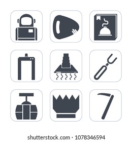 Premium fill icons set on white background . Such as fork, royal, spanner, scan, machine, menu, spoon, astronaut, music, cosmos, astronomy, kitchen, cosmonaut, wrench, knife, king, science, dinner