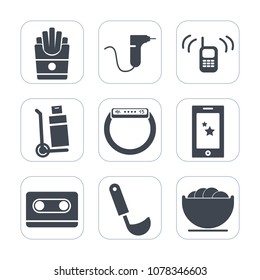 Premium fill icons set on white background . Such as technology, watch, cargo, white, care, truck, music, audio, bowl, dish, time, ringing, gadget, eat, phone, yellow, telephone, retro, unhealthy