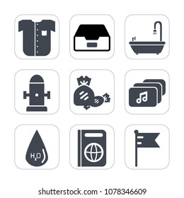 Premium fill icons set on white background . Such as travel, food, fire, male, document, drink, clothing, shirt, clothes, cotton, national, file, drop, shower, lollipop, tourism, music, passport, data