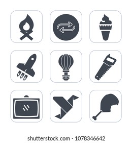 Premium fill icons set on white background . Such as replace, creative, substitute, parachuting, origami, flame, parachute, television, change, dessert, food, extreme, launch, rocket, hot, concept, tv