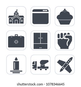 Premium fill icons set on white background . Such as browser, people, cake, internet, medical, muffin, rocket, hand, food, website, candle, building, dessert, exterior, technology, web, computer, bank