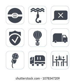 Premium fill icons set on white background . Such as coffee, sphere, secure, car, parachute, voice, fish, jump, business, parachuting, skydiver, shipping, check, extreme, object, hook, sport, closed