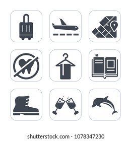 Premium fill icons set on white background . Such as atlas, glass, leather, terminal, literature, tourism, map, healthy, geography, suitcase, fashion, dental, footwear, library, ocean, journey, wine