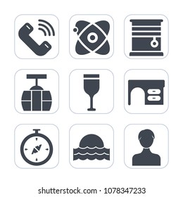 Premium fill icons set on white background . Such as north, room, cable, red, work, window, profile, star, sun, message, light, curtain, business, science, mobile, train, call, nature, sunset, planet
