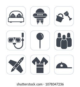 Premium fill icons set on white background . Such as technology, invasion, ball, home, mask, fashion, spacecraft, bucket, costume, cap, bedroom, sport, kimono, spaceship, vehicle, hat, traditional