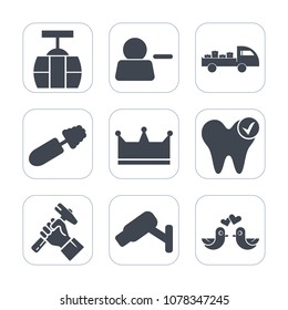 Premium fill icons set on white background . Such as fashion, builder, healthy, transport, dove, helmet, camera, foreman, interface, safety, tram, button, truck, web, brush, sky, delivery, dentist