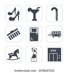 Premium fill icons set on white background . Such as candy, beauty, road, liquid, lift, horse, transportation, stroke, modern, girl, drink, lady, colorful, entrance, elegance, heel, glass, housework