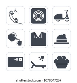 Premium fill icons set on white background . Such as shirt, headwear, summer, activity, air, phone, cooling, electric, sunny, internet, mobile, drink, bike, lifestyle, cyclist, bicycle, cycle, fan