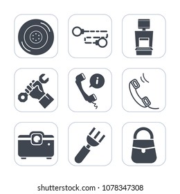 Premium fill icons set on white background . Such as car, auto, construction, chain, link, call, headset, knife, dinner, helmet, phone, rubber, foreman, equipment, projector, industry, center, sign