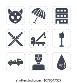 Premium fill icons set on white background . Such as creature, drop, hospital, urban, doctor, alien, extraterrestrial, drink, weather, building, season, humanoid, accident, weapon, delivery, monster