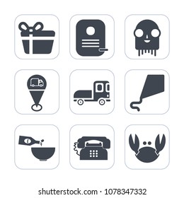 Premium fill icons set on white background . Such as decoration, truck, kite, element, summer, fiction, vehicle, extraterrestrial, drink, fun, dinner, glass, seafood, fresh, gift, box, white, map, sky