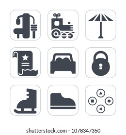 Premium fill icons set on white background . Such as page, contract, japanese, technology, lock, healthy, file, game, umbrella, exercise, machine, document, sign, weight, travel, fashion, business