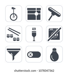 Premium fill icons set on white background . Such as off, brush, package, idea, sign, red, gift, alcohol, service, ribbon, present, box, dont, sushi, turn, seafood, bike, light, tool, roller, switch