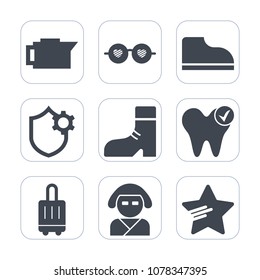 Premium fill icons set on white background . Such as hippie, japan, internet, drink, health, white, airport, dentist, security, healthy, sunglasses, summer, sign, dental, kimono, cup, luggage, bean