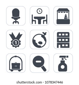 Premium fill icons set on white background . Such as house, room, time, pesticide, man, dinner, food, armchair, furniture, architecture, modern, spray, world, chemical, travel, hotel, award, customer