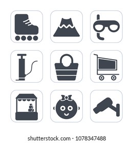 Premium fill icons set on white background . Such as cute, retail, object, fun, shop, skating, fashion, leisure, camera, security, sign, underwater, shoe, snorkel, childhood, style, skate, baby, child
