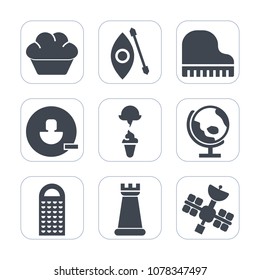 Premium fill icons set on white background . Such as account, doughnut, ice, canoe, avatar, kayak, cookie, kitchen, planet, piano, map, cream, globe, cake, cheese, game, grater, sign, lake, remove