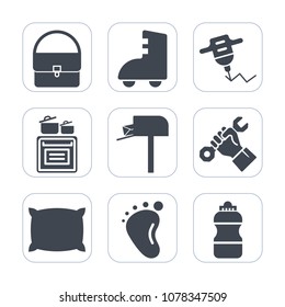 Premium fill icons set on white background . Such as fashion, foot, bed, roller, drill, industry, mailbox, builder, helmet, sport, cooking, home, post, female, skate, newborn, food, work, pillow, hand
