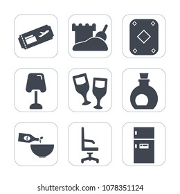 Premium fill icons set on white background . Such as home, beach, plane, poker, vacation, olive, wine, alcohol, dinner, trip, table, modern, ticket, red, sign, interior, game, black, food, casino, oil