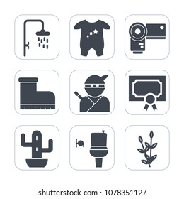 Premium fill icons set on white background . Such as small, japan, camera, kid, water, leather, photography, weapon, footwear, fashion, clothes, child, baby, plant, diploma, photo, harvest, samurai
