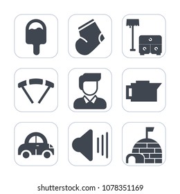 Premium fill icons set on white background . Such as sofa, espresso, house, parachuting, coffee, arctic, table, ice, warm, fashion, jump, music, automobile, food, gray, parachute, sky, car, icecream