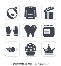 Premium fill icons set on white background . Such as globe, dental, healthy, fun, gift, style, health, queen, christmas, jacket, dessert, present, food, fashion, flight, airplane, clothes, pin, glove